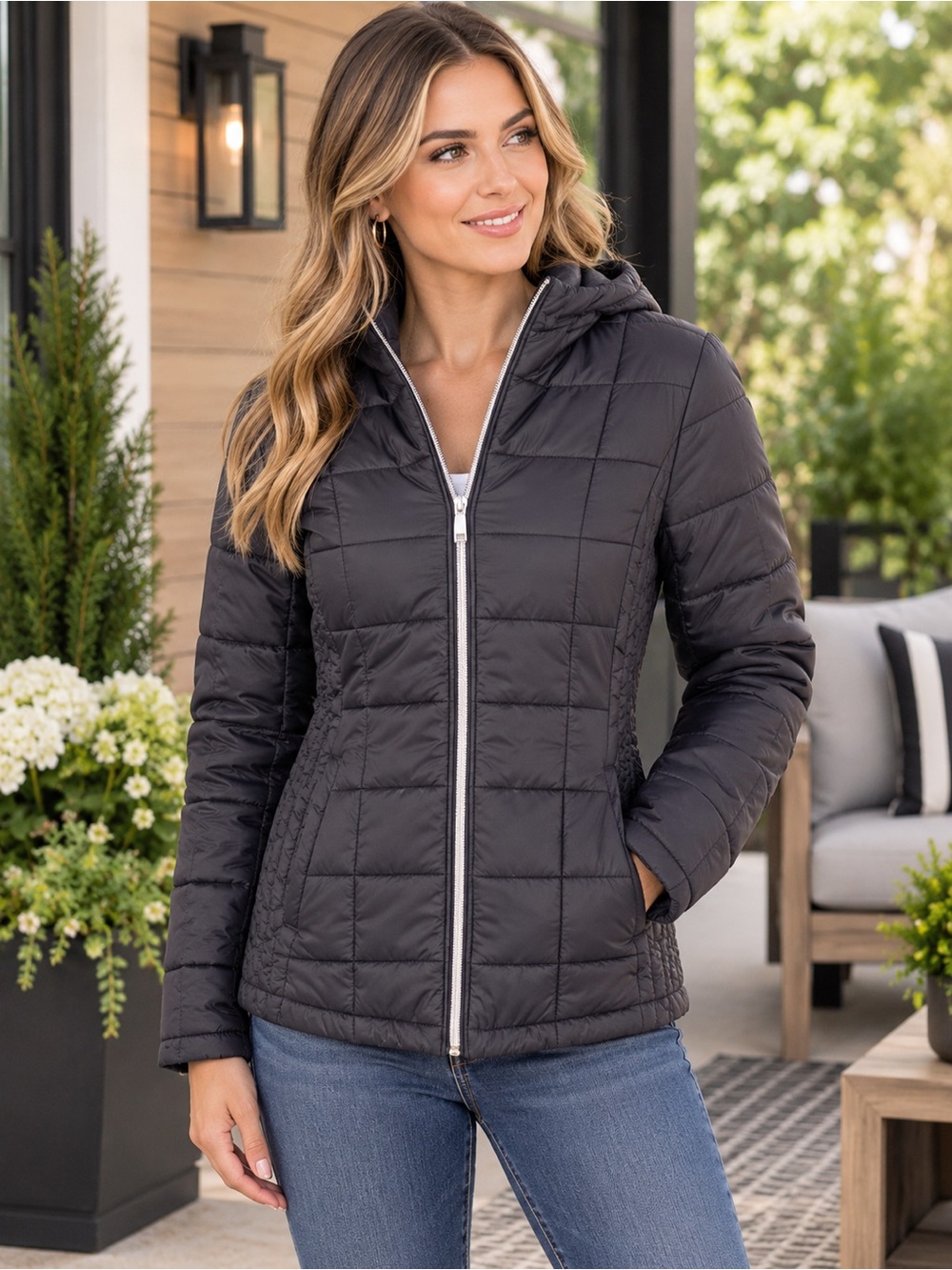 Women's Hooded Quilted Puffer Jacket in Black
